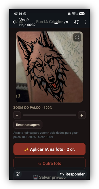Aplicar tatuagem com IA na sua foto — preview na pele