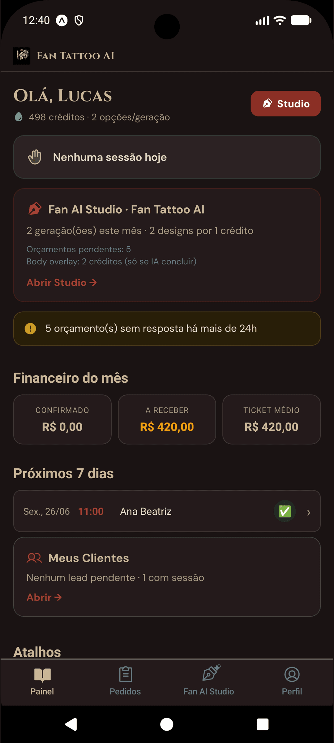 Painel do tatuador — CRM e agenda